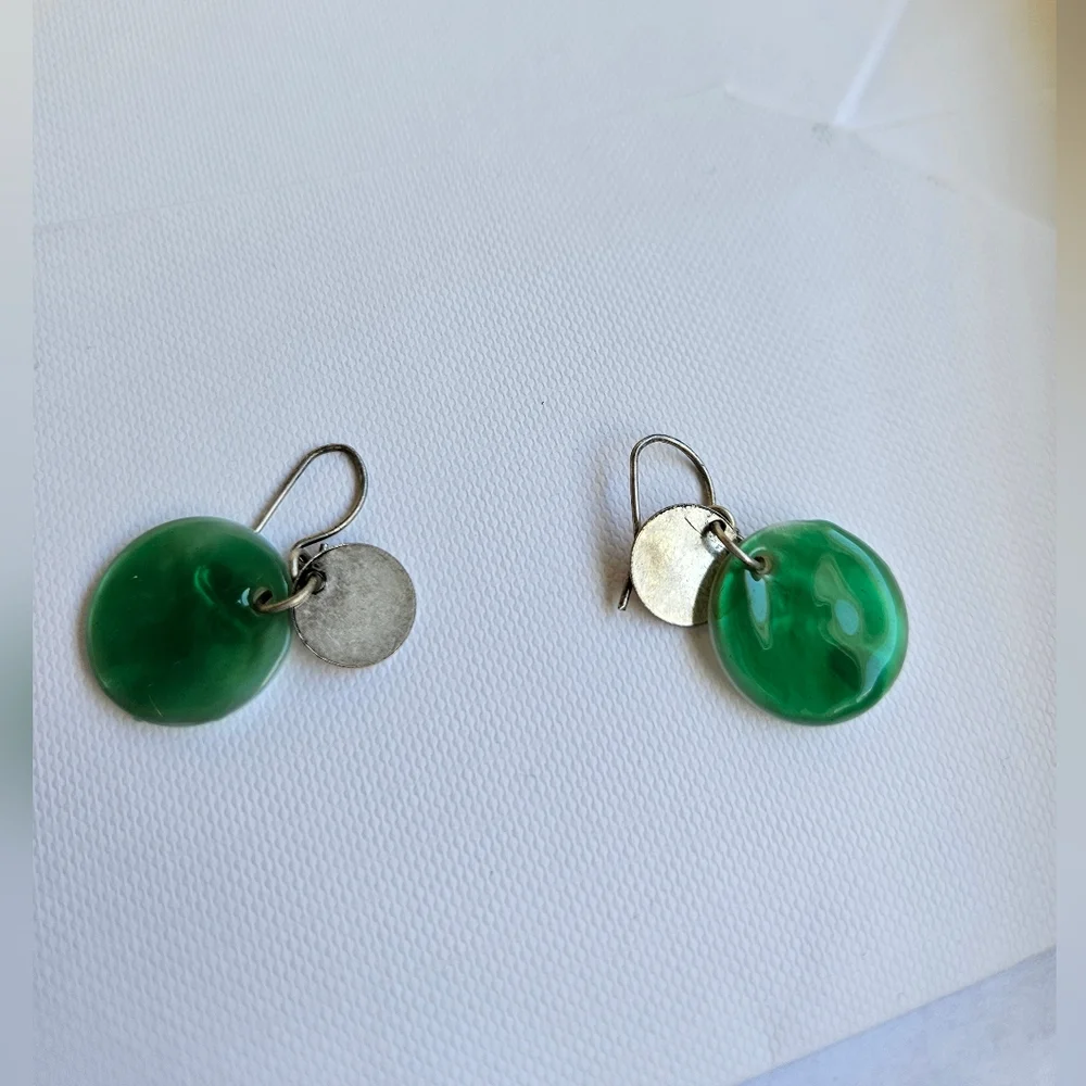 Teal Blue & White Enamel Disc Hanging Earrings - Picture 5 of 6